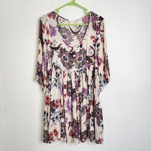 Altar'd State Floral 3/4 Sleeve Babydoll Mini Dress Small Boho Festival Relaxed